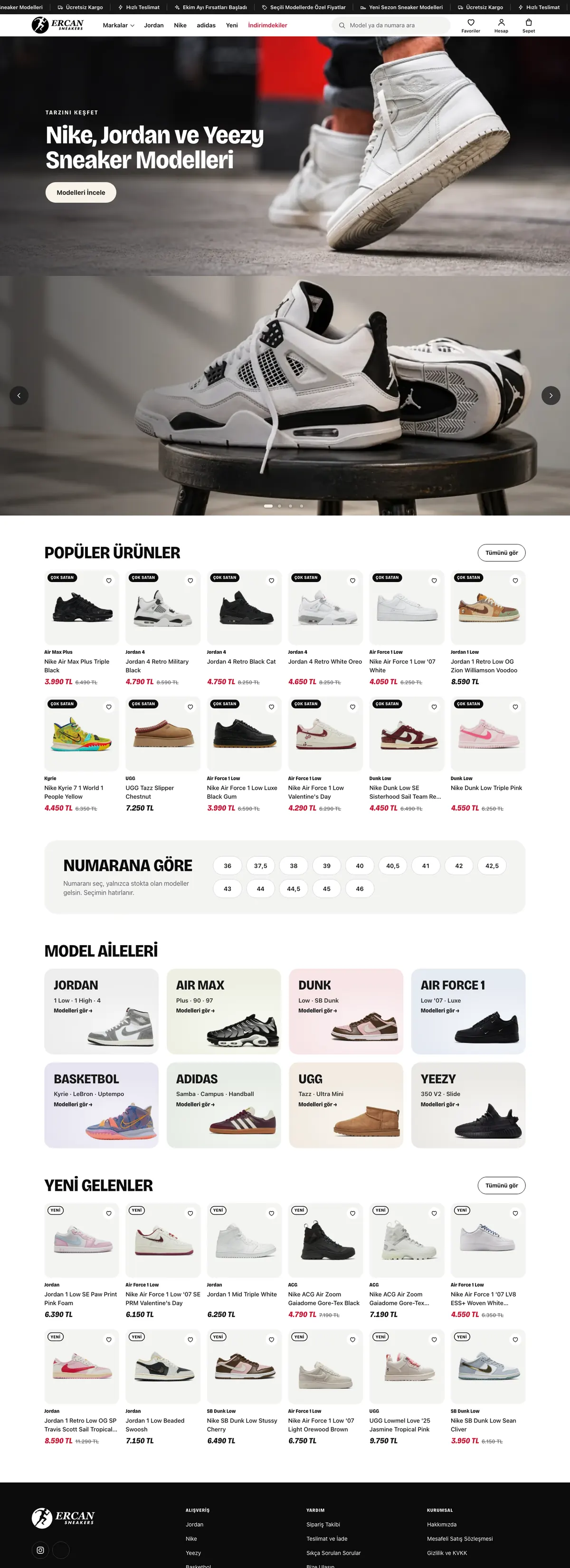 Ercan Sneakers mağazasının ana sayfası: sneaker kampanya görseli, popüler ürünler, numara ve model filtreleri